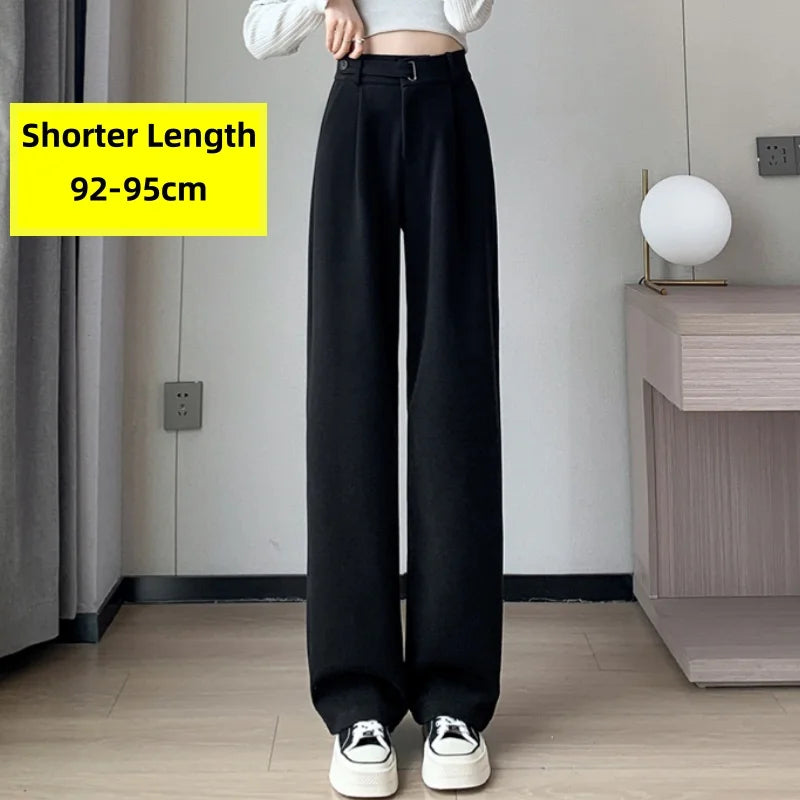 Pantalon en laine épais à jambe large pour femmes — décontracté, taille haute, bouton, chic, automne-hiver 2025
