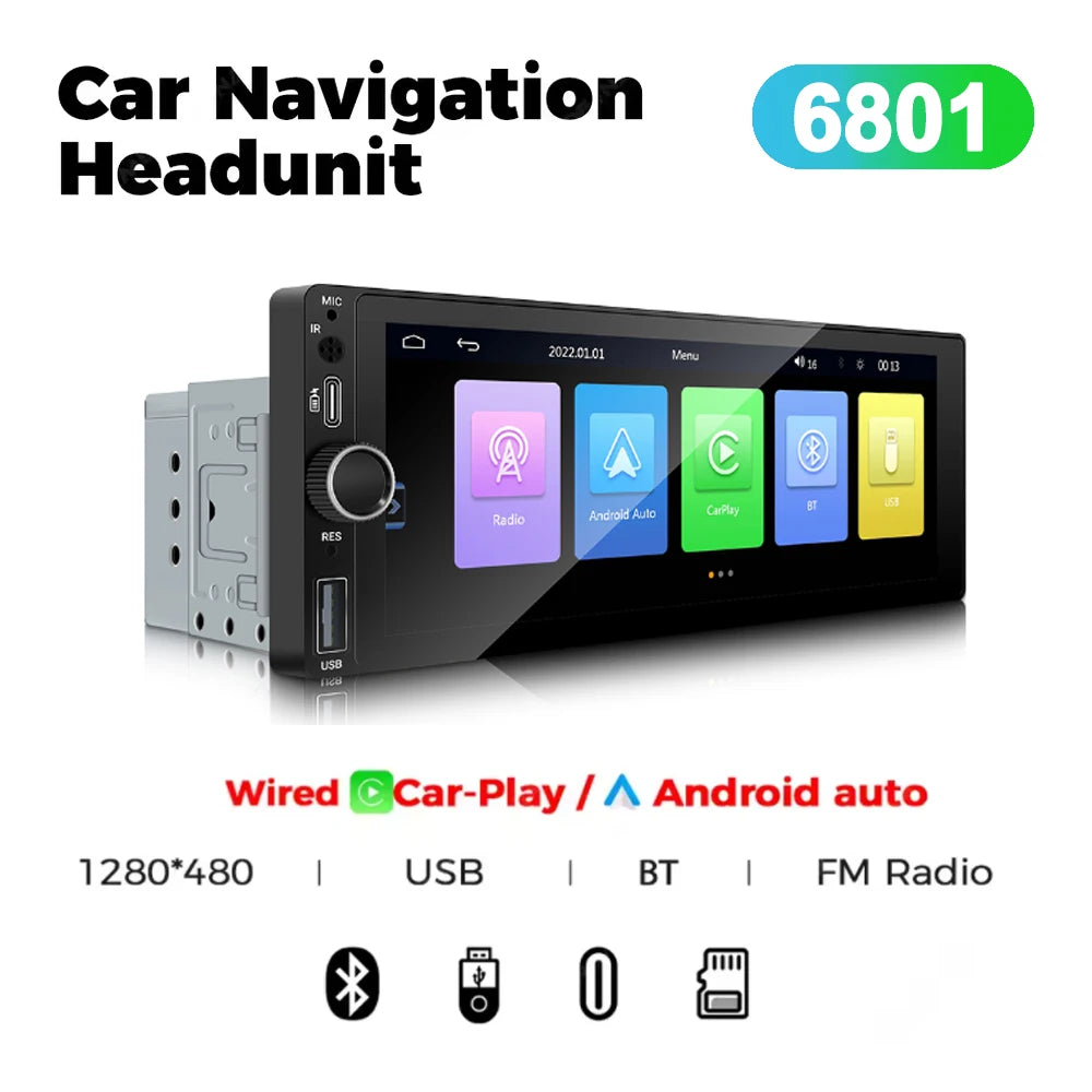 Autorradio universal MP5 de 1DIN y 6.86 pulgadas, compatible con Carplay inalámbrico, Android AUTO, AUX, USB, BT, pantalla táctil y reproductor de video multimedia.