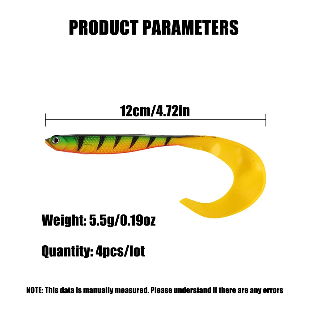 4 Pcs/lot Soft Worm Baits, Long Tail Bass Lures, Realistic Fishing Lure 4 Pieces Fishing Lure Jigs Wobblers 12.5cm 55g Shad T-tail