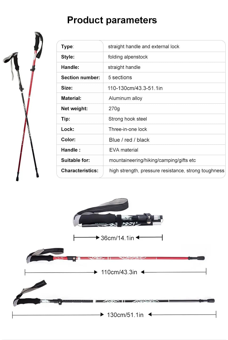 Bâton de Trekking pliable Portable en plein air, 5 sections, bâton de randonnée, Club télescopique pour personnes âgées nordiques, bâtons de marche de Camping