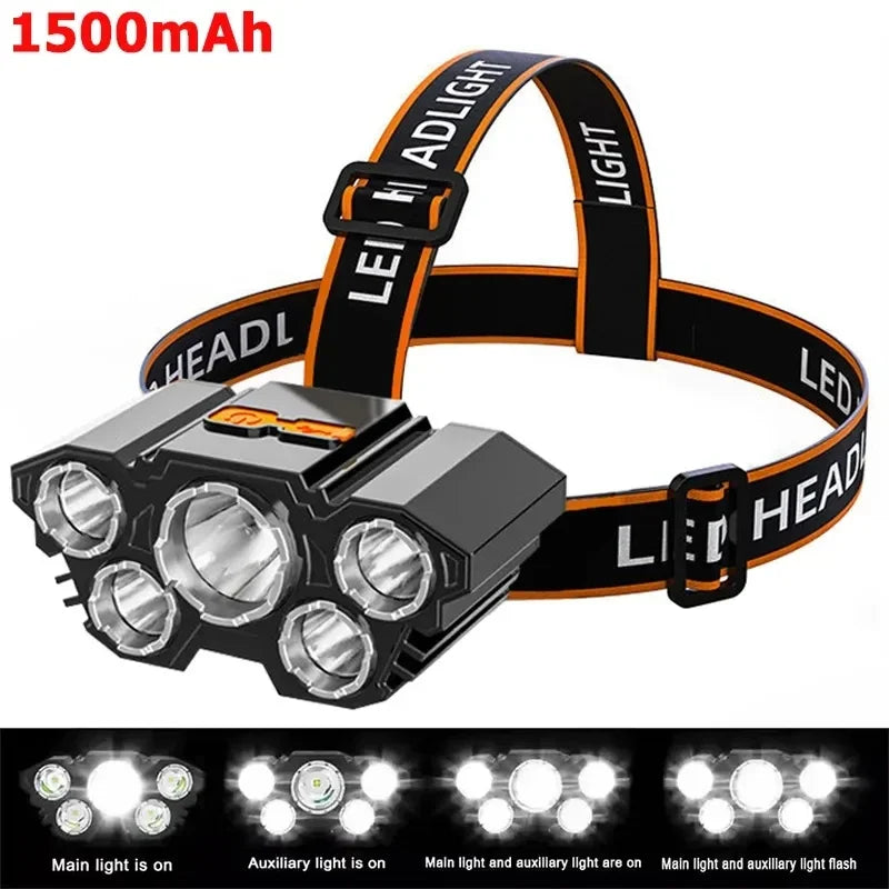 Lampe frontale puissante à 5/11 LED, batterie 18650 intégrée, Rechargeable par USB, lanterne pour Camping en plein air, pêche