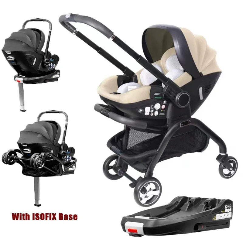 Cochecito de bebé 4 en 1, silla de coche para niños con base ISOFIX, cochecito de lujo portátil y ligero para recién nacidos