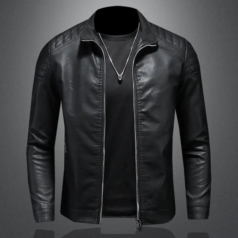 Men's PU Leather Motorcycle Jacket, Stand-up Collar, Casual Windbreaker, ChimMens Apparel, Black, Blue, Winter, 2024