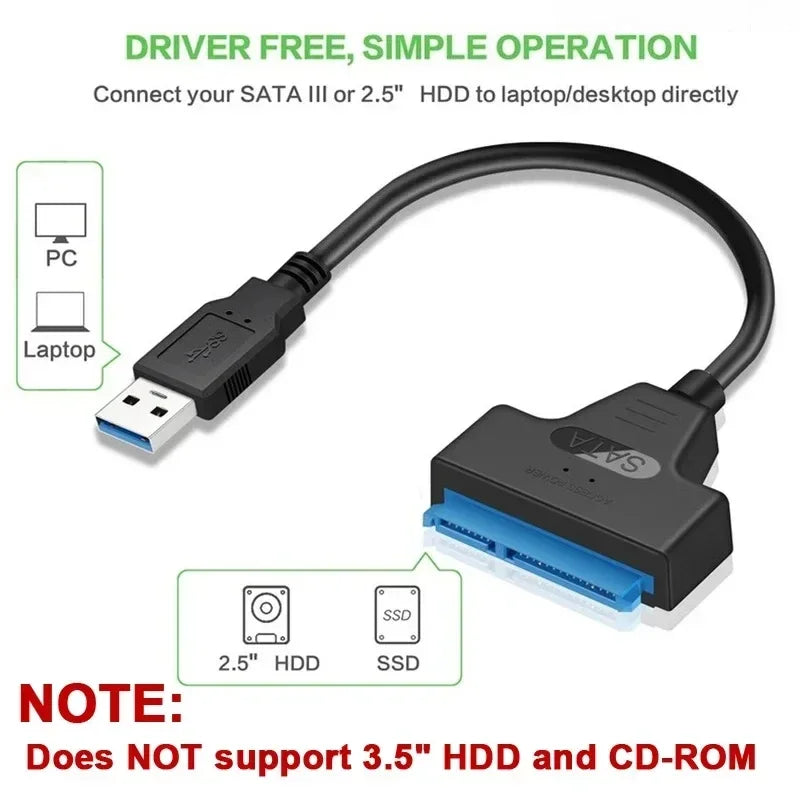 Câble SATA vers USB 3.0/2.0 jusqu'à 6 Gbps pour disque dur SSD externe 2.5 pouces, adaptateur SATA 3 22 broches, cordon USB 3.0 vers Sata III
