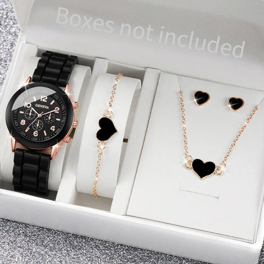 5-6 Pieces Quartz Watch Set for Women with Silicone Strap, Fashionable Clock, Gift for Girls, No Box
