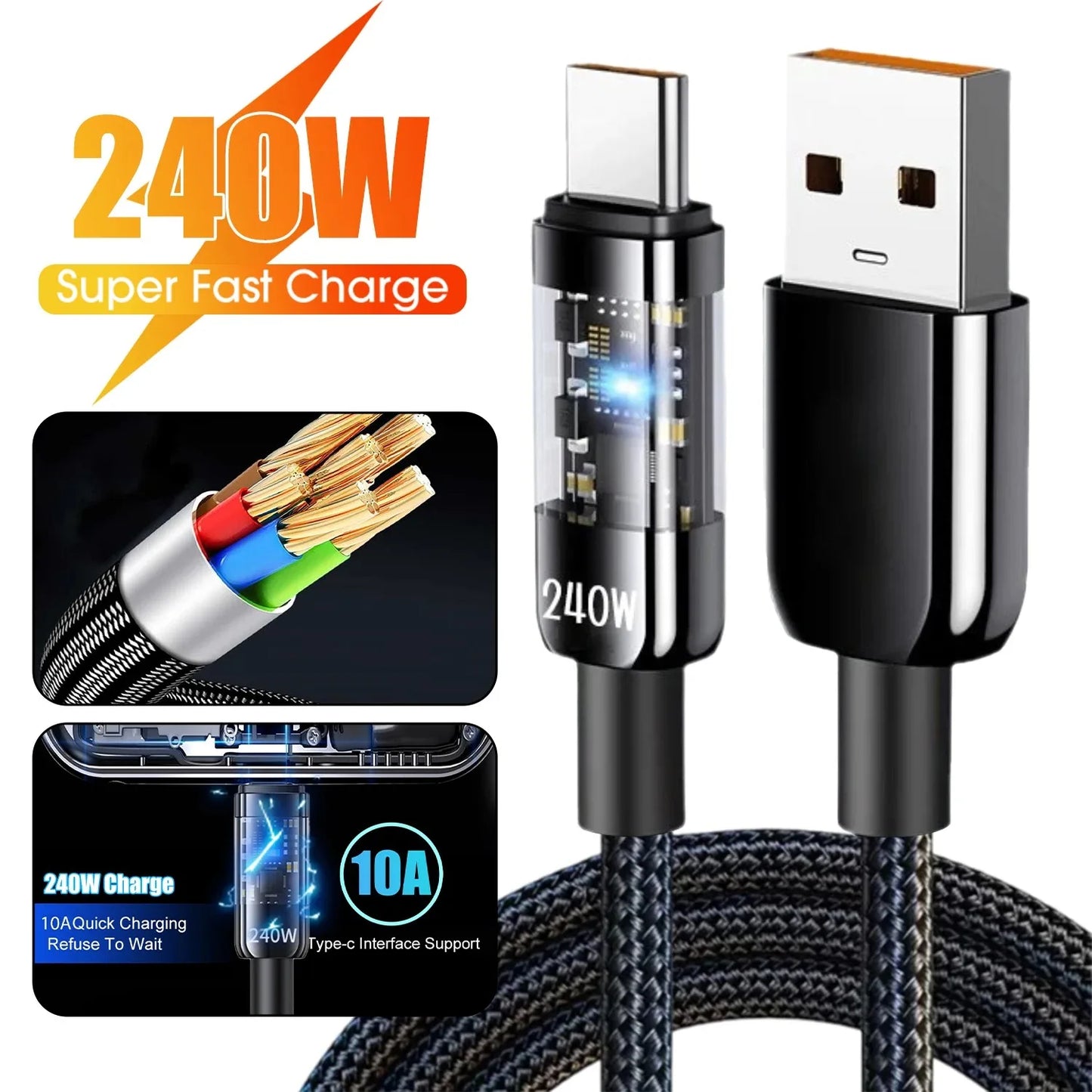 0,25/1/1,5/2M 240W Cable de datos de carga súper rápida USB C PD de nailon con pantalla digital LED, cables de datos de carga rápida USB a Tipo C