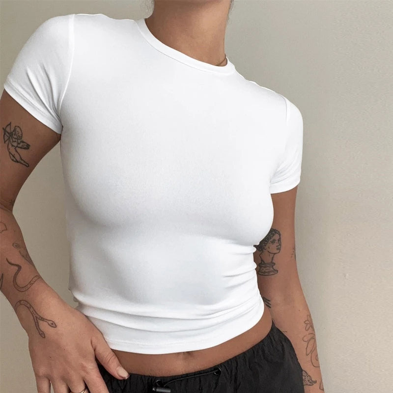 Mujer Ropa Camiseta de manga corta Top ajustado para mujer Cuello redondo Tejido Camiseta de tubo Ropa de calle Sexy deportivo 2024 Y2K Nuevo2410