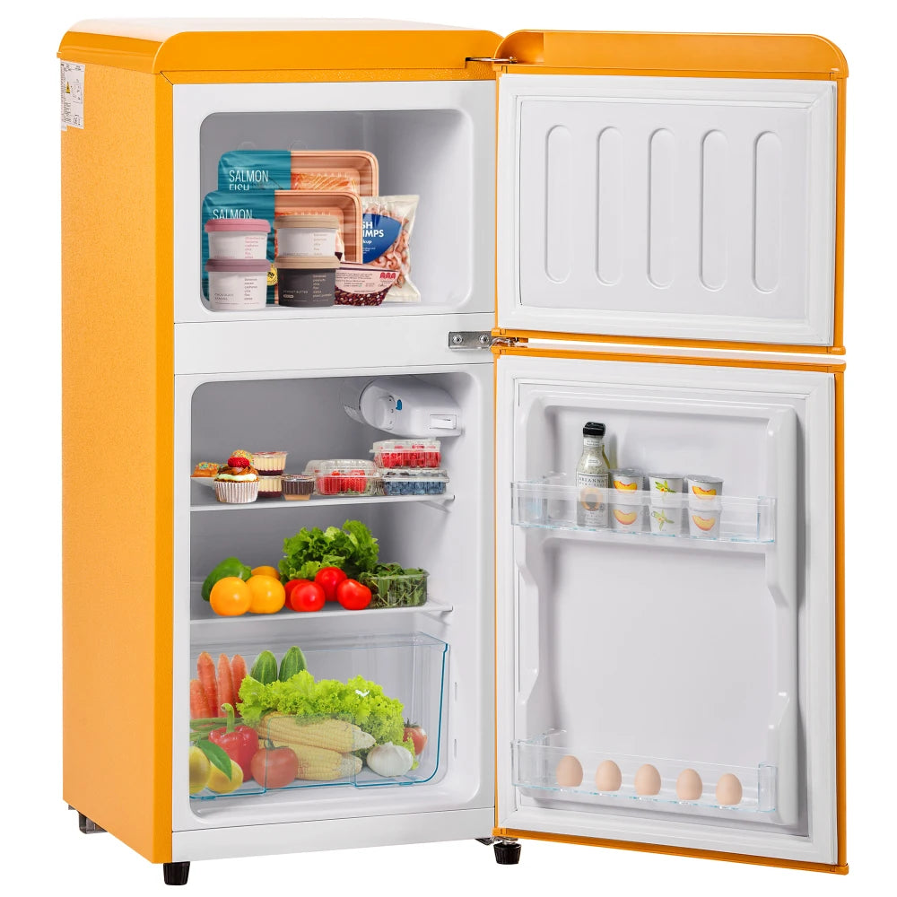 Combinaison réfrigérateur-congélateur rétro 45,5 cm de large, 2 portes 60 litres de volume total, volume de congélateur 22 litres. 102 KWh/année,