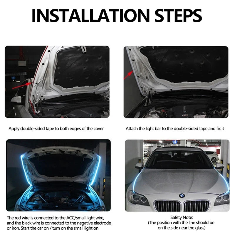 LED Daytime Running Lights for Car Hood, Scanning Start, Decorative Lights, Automatic Engine Hood Guide DRL, Decorative Ambient Lamp, 12V, 150cm