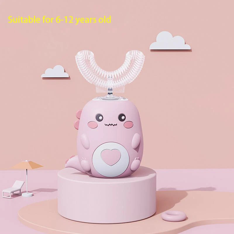 Cepillo de dientes eléctrico infantil en forma de U, rotación de 360 grados, dibujos animados inteligentes, cepillo de dientes de silicona, automático, recargable, sónico