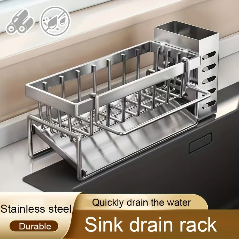 Stainless Steel Multifunctional Sink Cleaning Tools Storage Rack, Kitchen Sponge Scrubber Organizer, Dishcloth Hanger