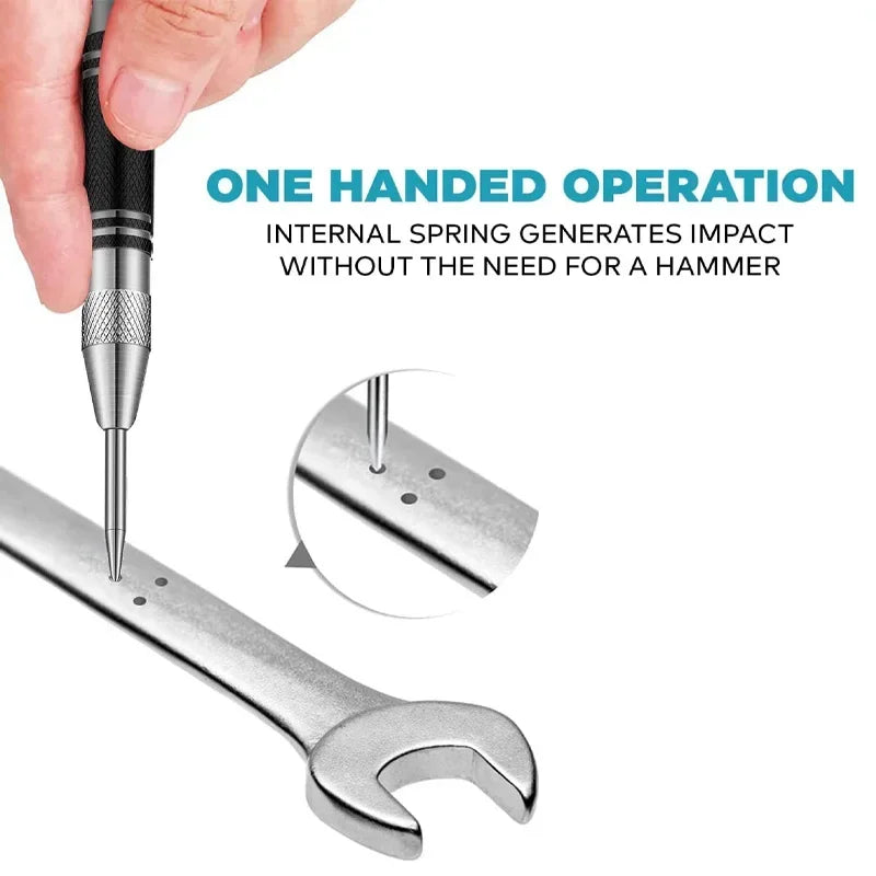 Automatic center punch, hole marker, wood, metal, steel, spring-loaded, drill locator, heavy-duty punch, carpentry, automatic hand tool