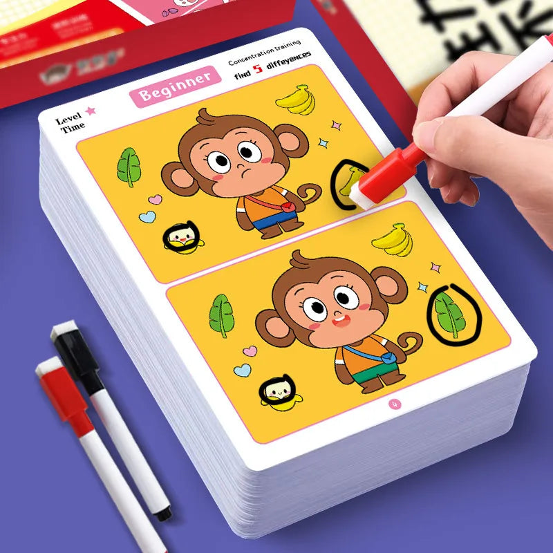 Juego de cartas educativo y reutilizable de dibujos animados para niños Encuentra las diferencias Encuentra niveles de dificultad para entrenar la atención y la concentración