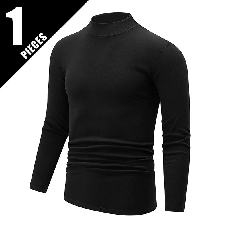 1/2 pcs Autumn and Winter Men's Fashionable Semi-High Neck Long-Sleeve Base Top Solid Color Casual Sports Fitness Warm T-Shirt