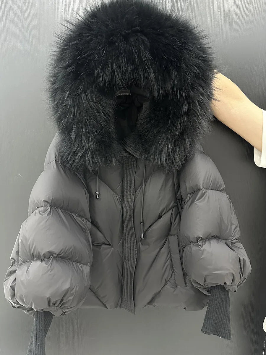 Winter Hooded Natural Big Fur Collar Down Jacket Women Short White Duck Down Outwear Female Lantern Sleeve Warm Quilted Coat