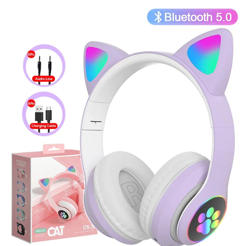 Auriculares estéreo Bluetooth 5.0 con orejas de gato y luz LED, compatibles con tarjeta TF y micrófono, inalámbricos, para niños y niñas, regalo de cumpleaños