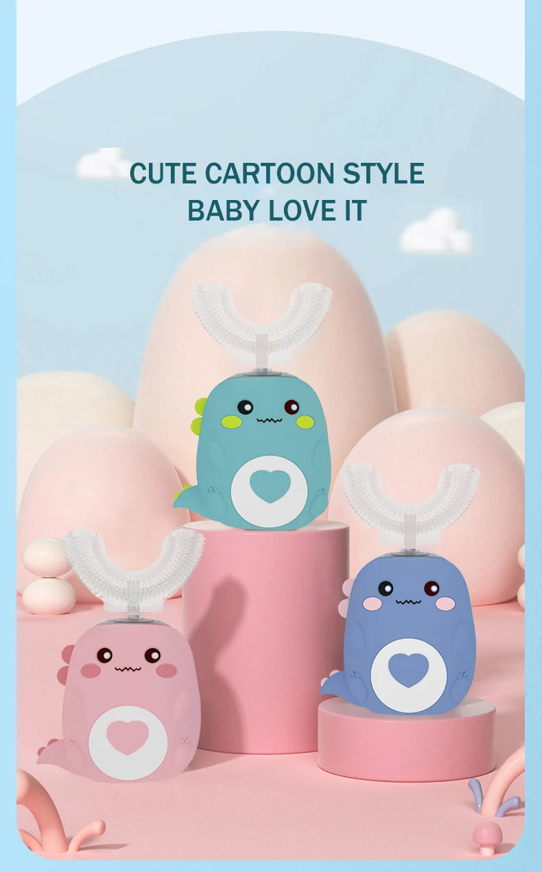 Cepillo de dientes eléctrico infantil en forma de U, rotación de 360 grados, dibujos animados inteligentes, cepillo de dientes de silicona, automático, recargable, sónico