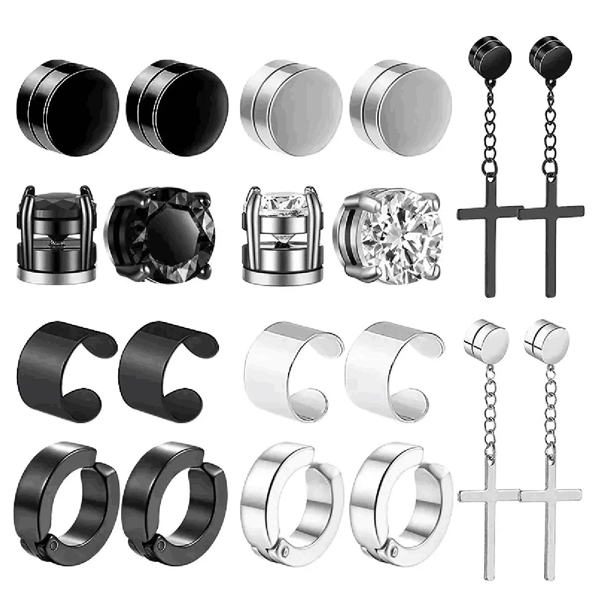 Ensemble de faux boucles d'oreilles en acier inoxydable pour hommes, 1 à 10 paires, à la mode, avec trou d'oreille, aimant gratuit, zircon