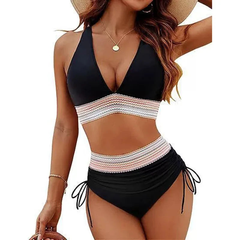 Ensemble de maillot de bain bikini sexy à col en V profond pour femme, collection été 2026, avec coussinets de poitrine, taille haute et cordon de serrage, style triangle