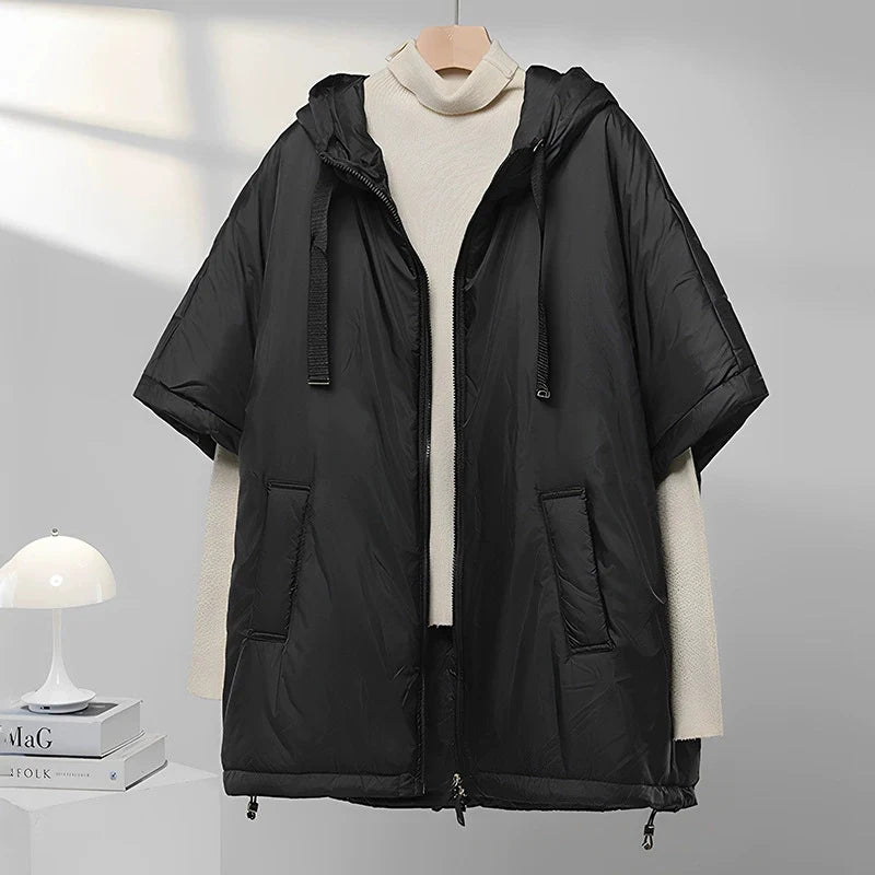 Chaleco de mujer Schinteon camel tipo capa de plumas con capucha holgado sin mangas, chaleco sólido de moda, chaqueta de otoño invierno 2025 nuevo