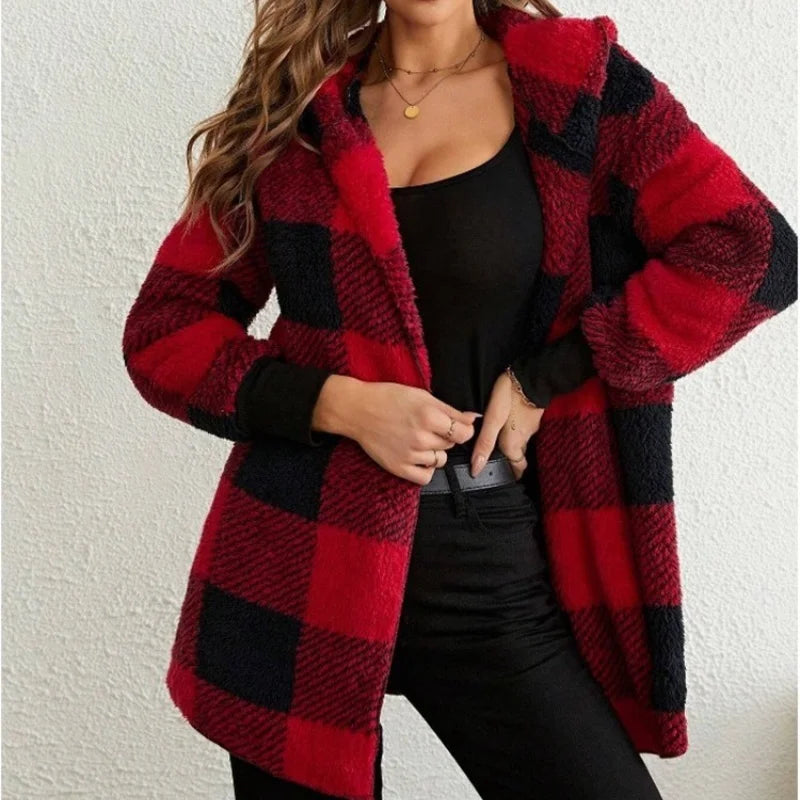 Women's Plaid Double Fleece Cardigan, Soft Loose Long Sleeve Plush Warm Hooded Jacket, Patchwork Outerwear Coat, Autumn Winter