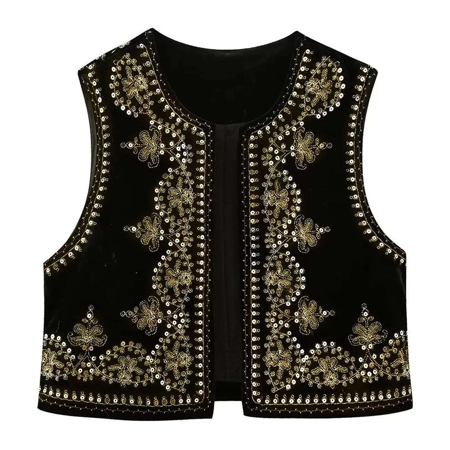 Chaleco bordado negro Vintage con estampado Floral para mujer, sin mangas, frente abierto, corto, versátil, ropa de abrigo y2k, cárdigan Boho corto