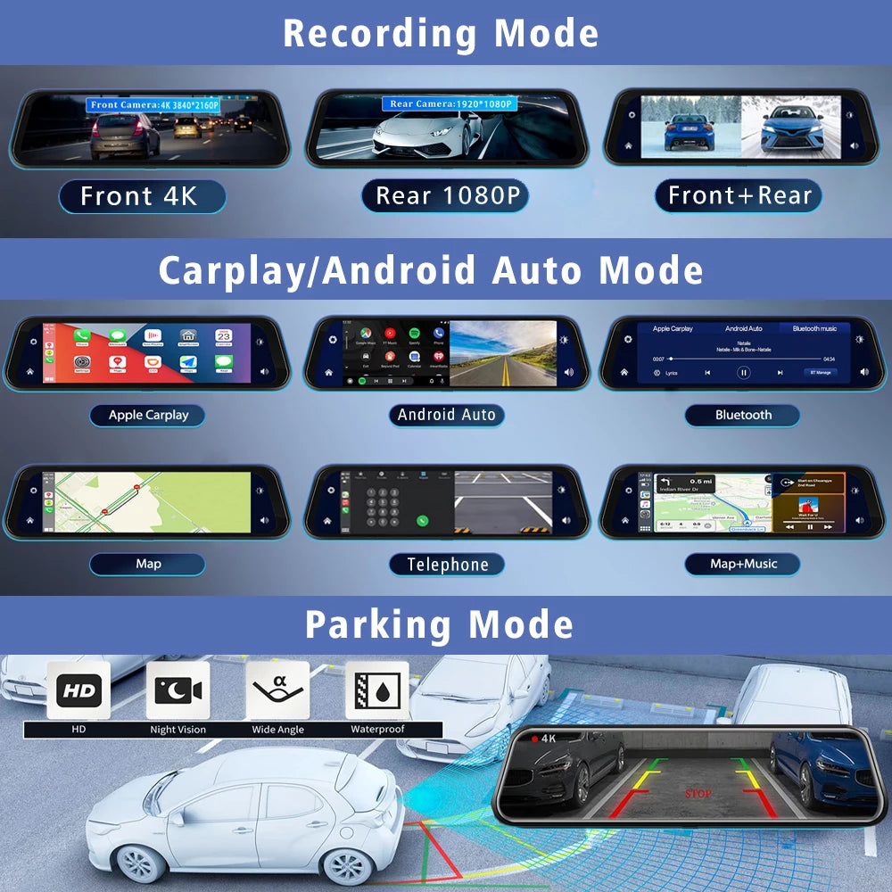 Dashcam 10" 4K GPS 5G WiFi — Rétroviseur Flux AUX Enregistreur FM