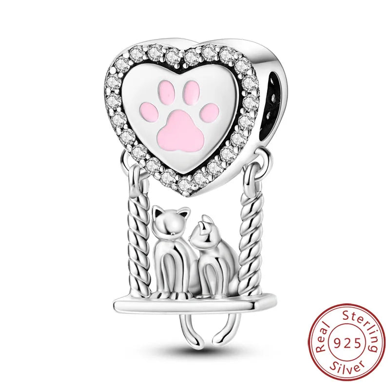 Abalorios de plata de ley 925 con huellas de perro, gato, corazón, animales, abalorios que se ajustan a pulseras, collares, colgantes, joyas para mujer, para hacer tú mismo