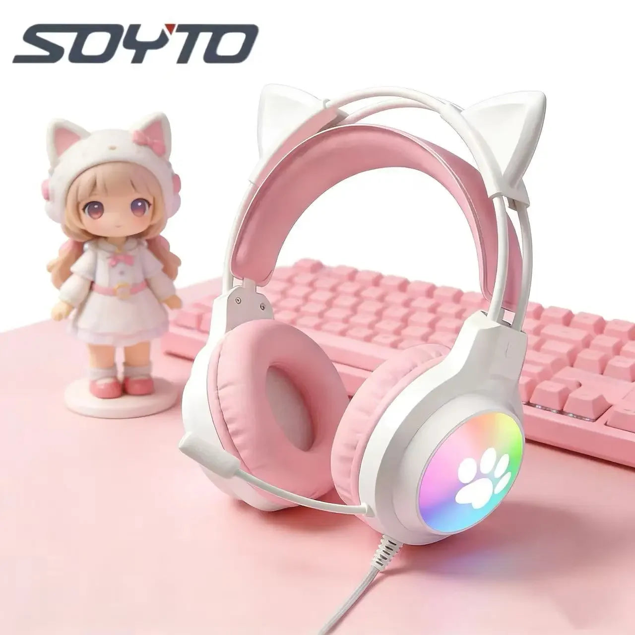 Casque gaming oreilles de chat filaire — suppression du bruit, éclairage LED, son surround FPS, micro (v2)
