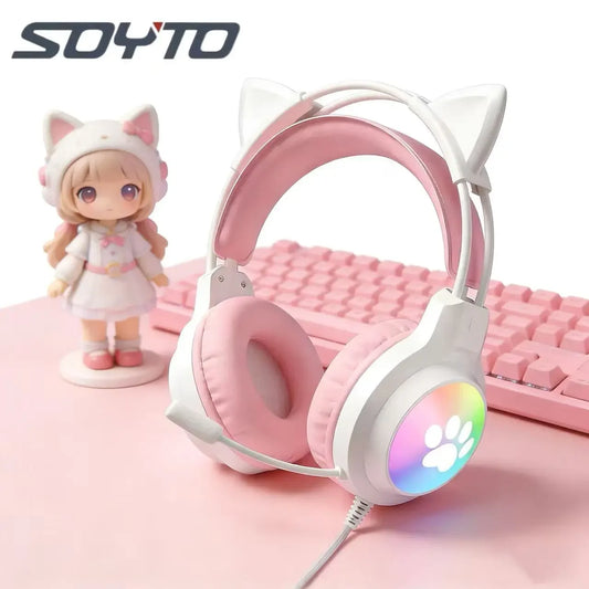 Casque gaming oreilles de chat filaire — suppression du bruit, éclairage LED, son surround FPS, micro (v2)