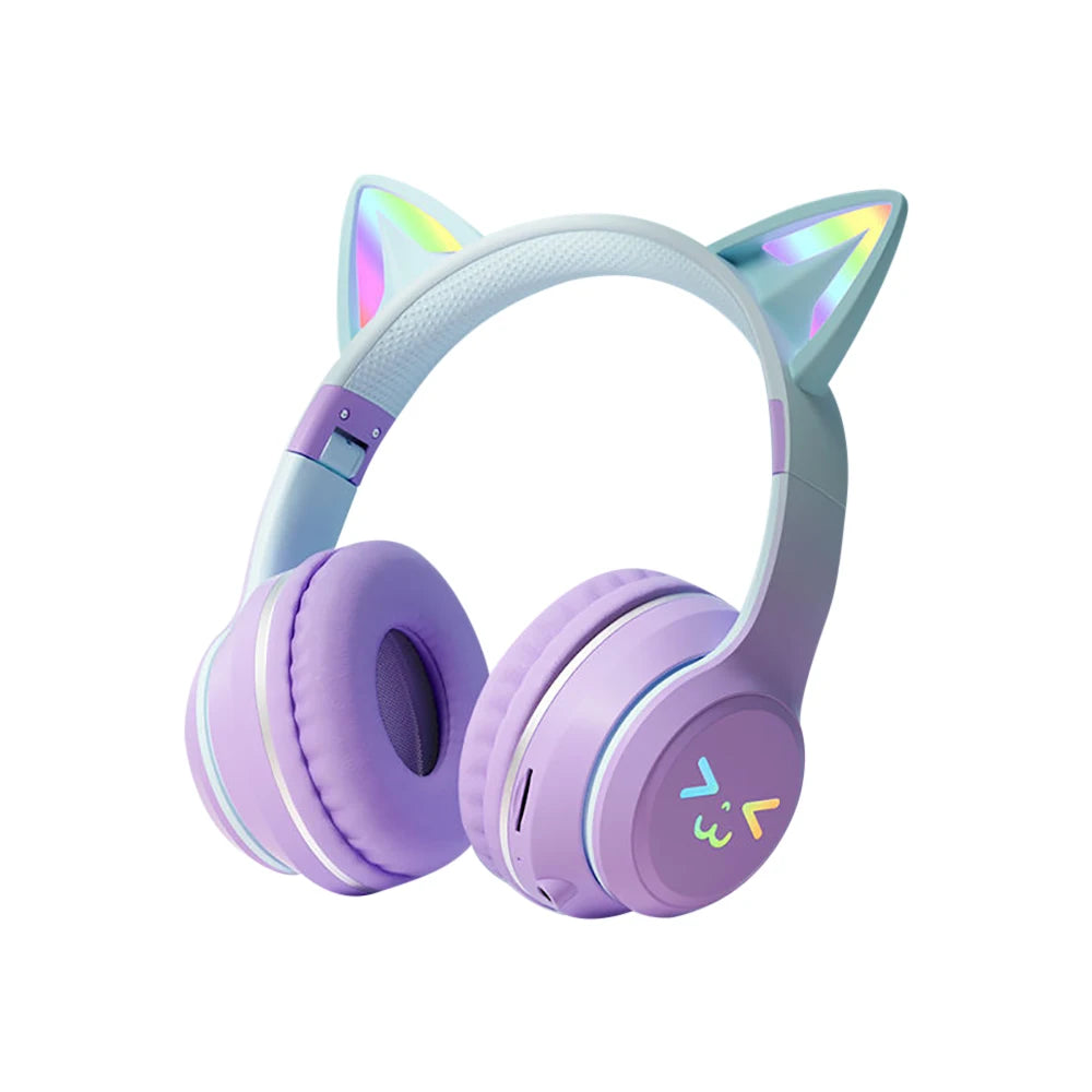 Écouteurs sans fil dégradés RGB, oreilles de chat mignonnes, Bluetooth, avec microphone, stéréo, jeu de musique, cadeaux pour filles et enfants