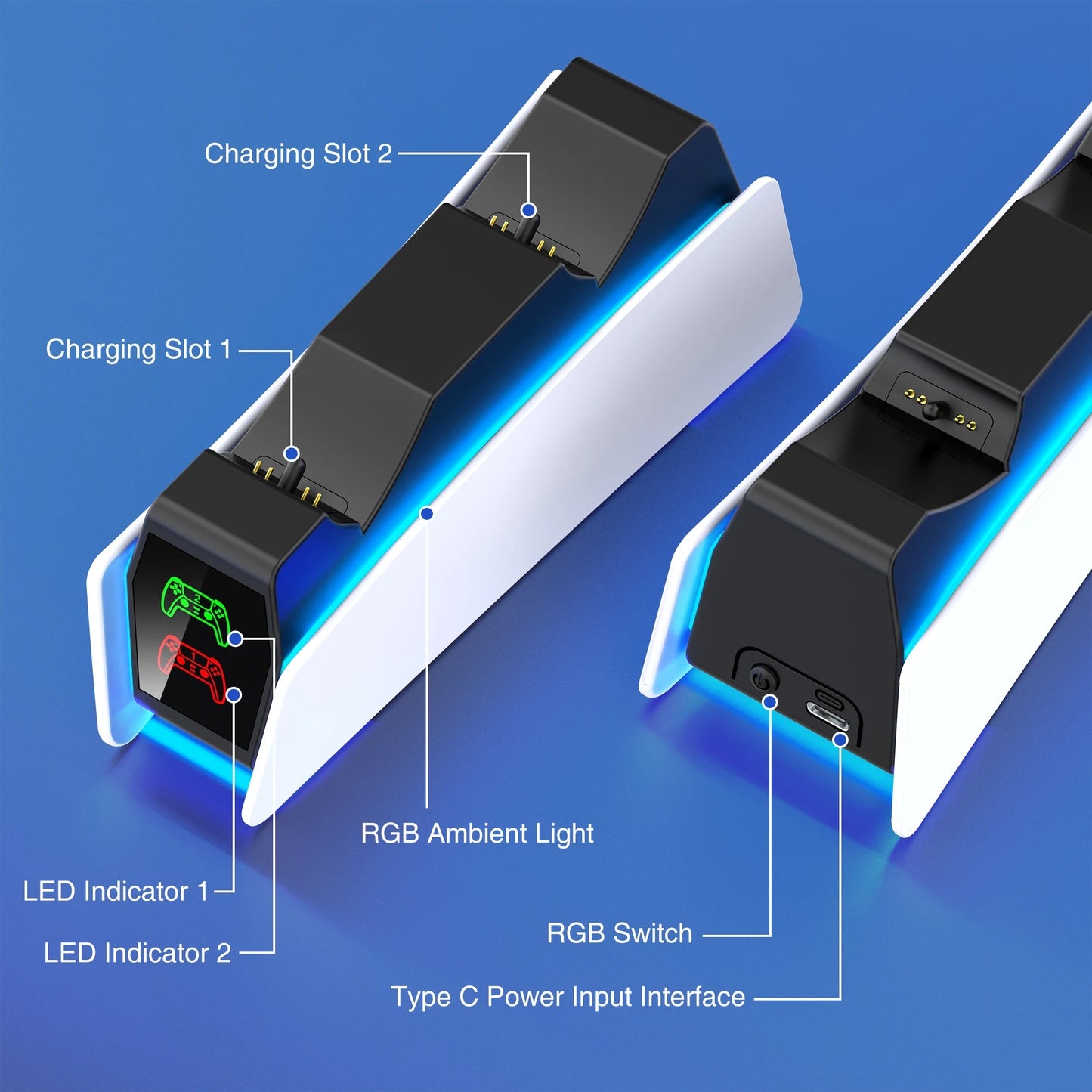 Station de charge pour contrôleur RGB — double chargeur rapide, indicateur RGB, support, station d'accueil manette de jeu