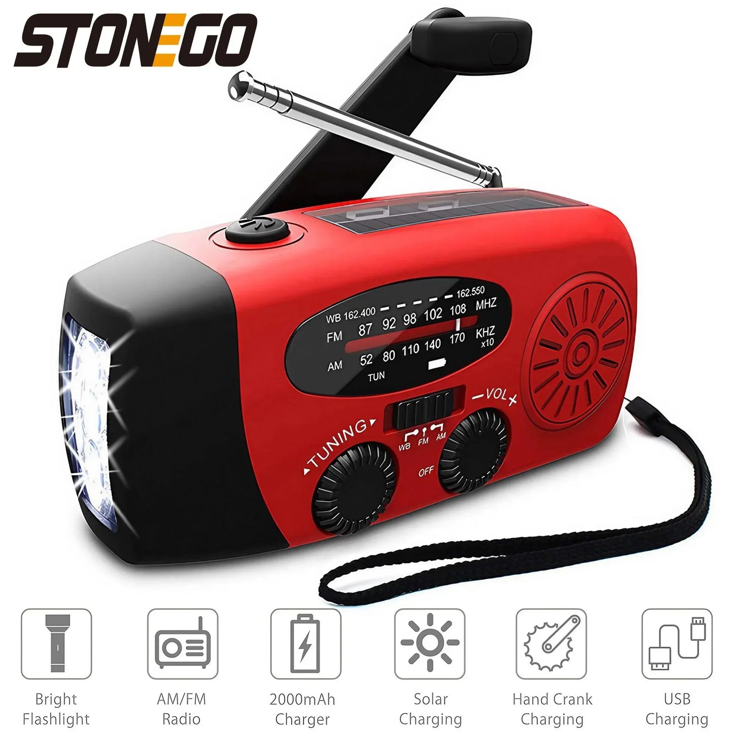 Radio météo d'urgence multifonctionnelle, FM AM WB, manivelle, charge USB solaire, batterie externe 2000mAh, lampe torche LED