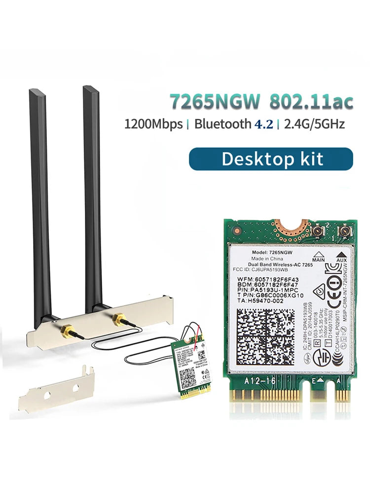 Adaptateur WiFi 7265NGW 1200Mbps Bluetooth 4.2 M.2 Kit de bureau 2.4G 5G pour ordinateur portable