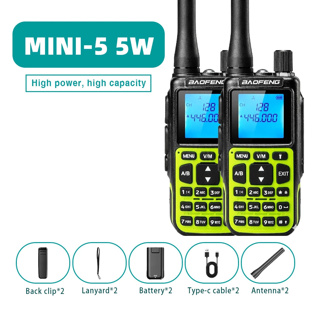 Mini talkie-walkie Baofeng MINI-5, double bande UV, Bluetooth, FM, sélection de fréquence à un bouton, idéal pour les voyages.