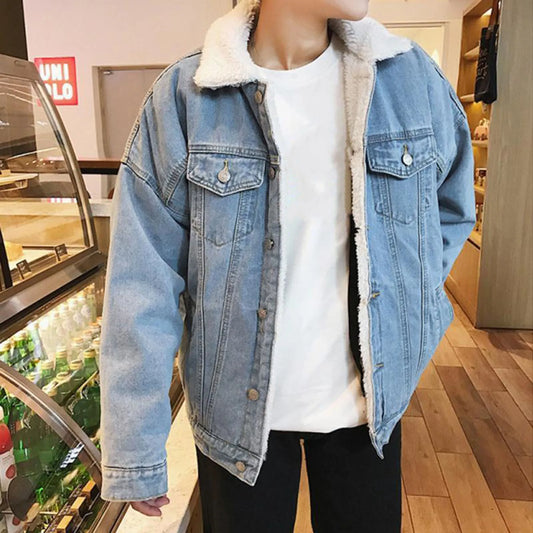 Veste Jean Homme Moto Vintage — Doublure Polaire Coupe Ajustée Automne