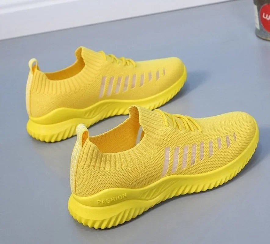 Baskets d’Été Femme Course — Tennis Maille Légère Blanc Rose Jaune