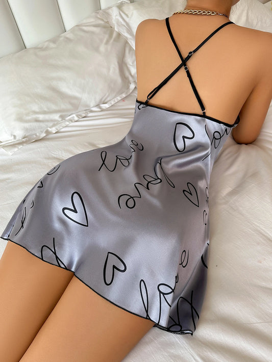 Heart Letter Print Casual Nightgown Round Neck Spaghetti Strap Night Dress Women Sleepwear Robes
