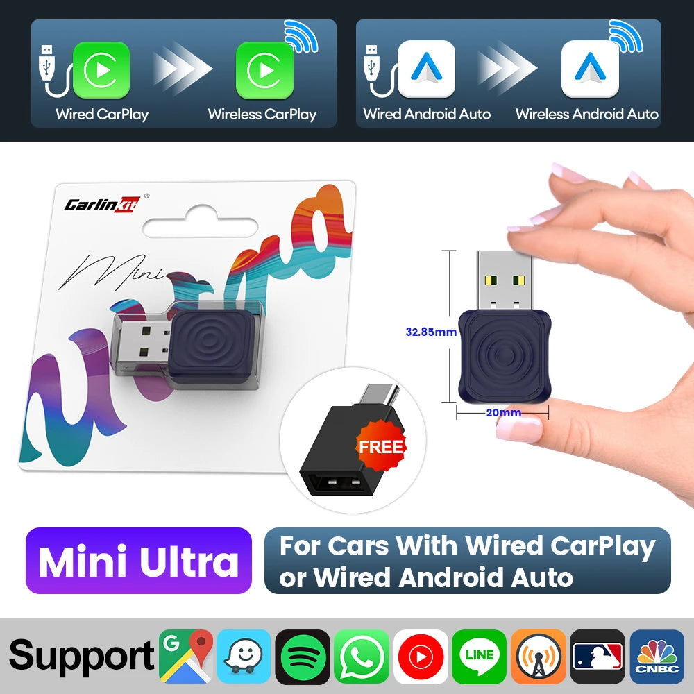 Carlinkit 5 2air Mini Ultra Inalámbrico CarPlay Android Auto Box Inalámbrico Adaptador 2 en 1 2 Canales Compatible con Waze Spotify 5.8Ghz WiFi GPS