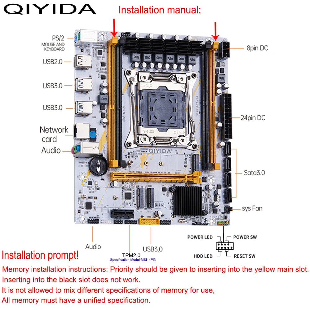 Carte mère QIYIDA X99 mATX LGA2011-3 — Xeon E5 V3/V4, DDR4 128 Go, M.2 NVMe/NGFF, SATA3, USB3.0