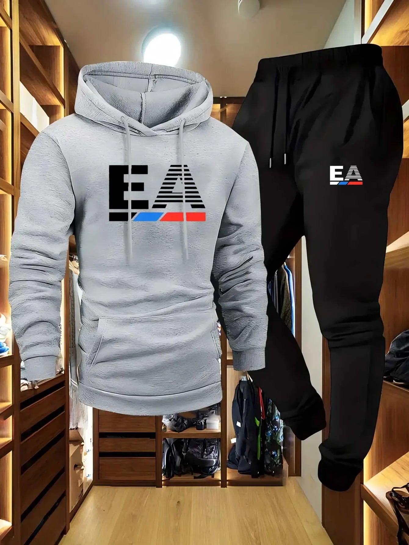 Men's two-piece sports outfit, hoodie and pants, gray black logo, regular non-stretch fit with pockets
