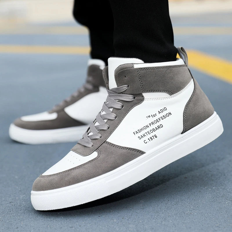 Men's Leather Skateboard Shoes, High-Top Sneakers, Casual Sports Shoes, Street Shoes, Flat Walking Shoes