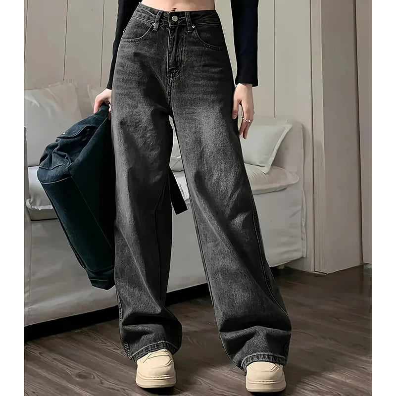 Women's high-waisted jeans, streetwear, designer, wide leg, classic grey, gothic, straight pants, fashion
