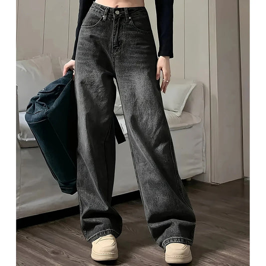 Jean taille haute pour femme — streetwear, jambe large, gris classique, gothique, pantalon droit, mode