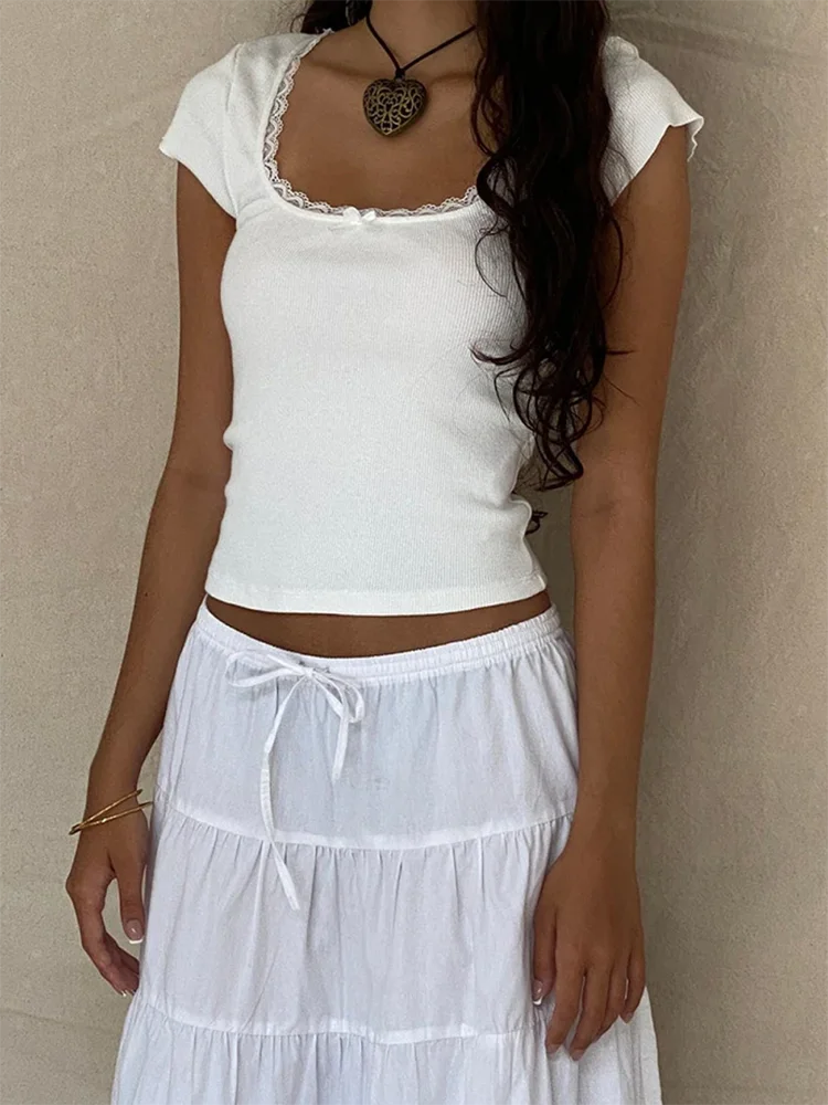 Camiseta vintage Y2k para bebé, camiseta de punto con ribete de encaje, cuello cuadrado, manga corta, para verano, color blanco, estilo milkmaid
