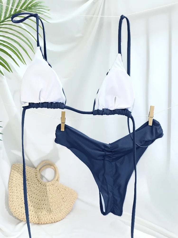 Sexy plis Bikini ensemble solide Micro Bikinis femmes maillot de bain femme Triangle maillots de bain vêtements de plage maillot de bain