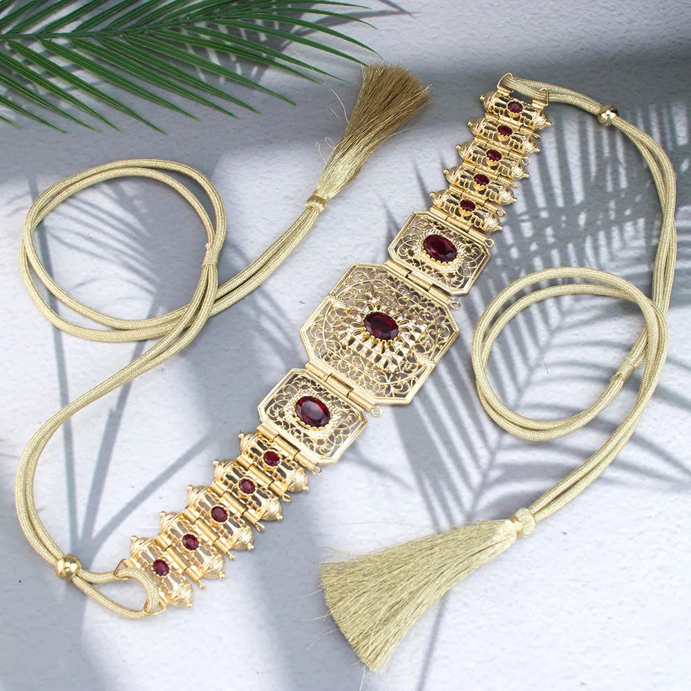 Gold Color Handmade Rope Belt, Algerian Moroccan Caftan for Women, Crystal Bridal Jewelry, Arab Festival Jewelry