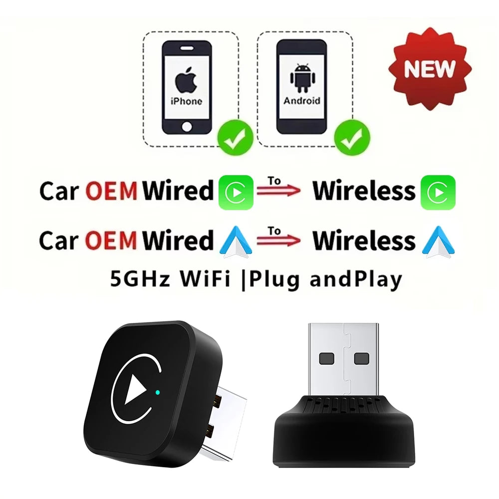 Wired to Wireless 2-in-1 Car Adapter CarPlay Android for OEM Car Radio with USB Plug and Play