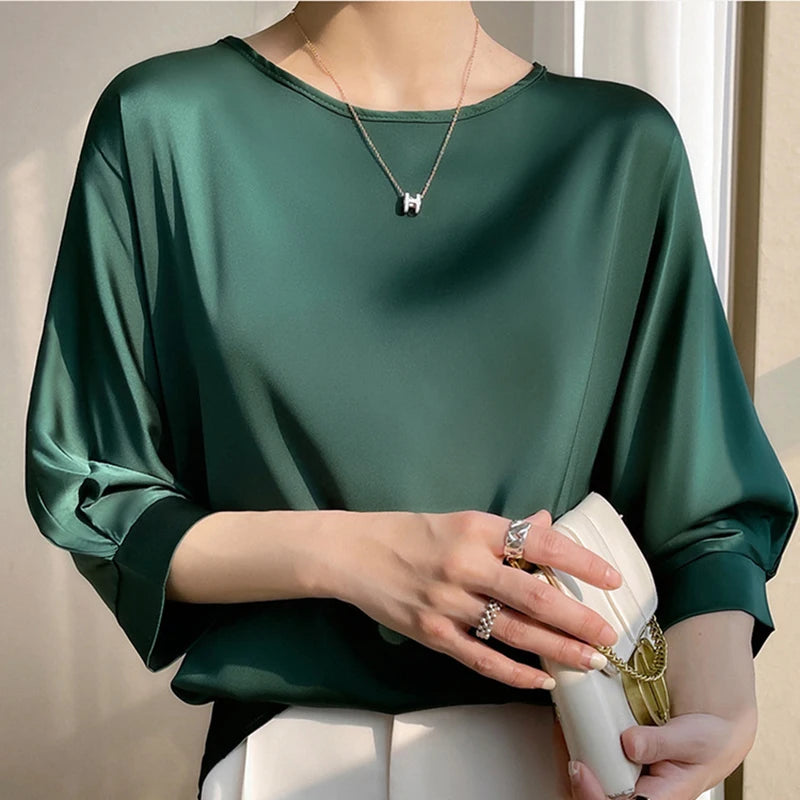 Nouveauté 2026 – T-shirt basique en satin de soie à manches courtes pour femme, col rond, coupe décontractée et légère, chemisier ample pour femme