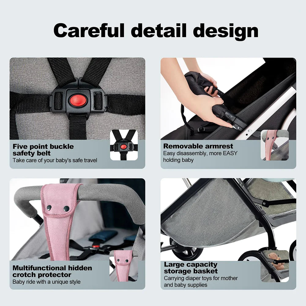 Lightweight Baby Stroller, Compact Travel Stroller for Toddlers for Airplane, Baby Stroller with 5-Point Harness, Adjustable Backrest